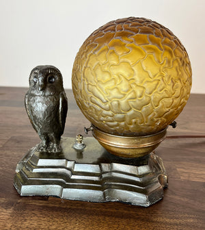 Antique Circa 1930 Art Deco Owl Radio Lamp with Original Amber Brain Shade