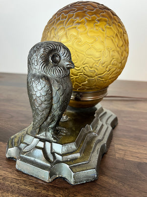 Antique Circa 1930 Art Deco Owl Radio Lamp with Original Amber Brain Shade