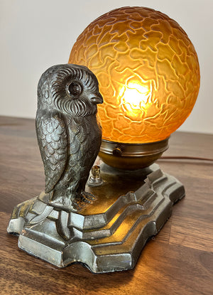 Antique Circa 1930 Art Deco Owl Radio Lamp with Original Amber Brain Shade