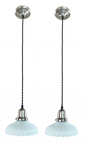 $450 PAIR - Antique 1905 Milk Glass Shades on Custom Braided Cord Pendants - Satin Nickel