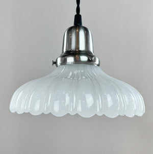 $450 PAIR - Antique 1905 Milk Glass Shades on Custom Braided Cord Pendants - Satin Nickel