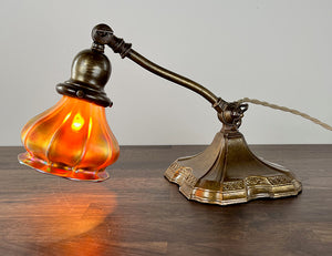 Lovely early 1900s Adjustable Piano / Roll Top Desk Lamp with Antique American Art Glass Gold Aurene Shade