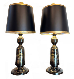 $750 PAIR - Stunning Pair of 1930s Asian Art Deco Table Lamps with Chased Scenic Motif