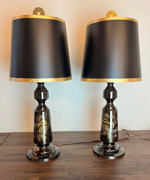 $750 PAIR - Stunning Pair of 1930s Asian Art Deco Table Lamps with Chased Scenic Motif