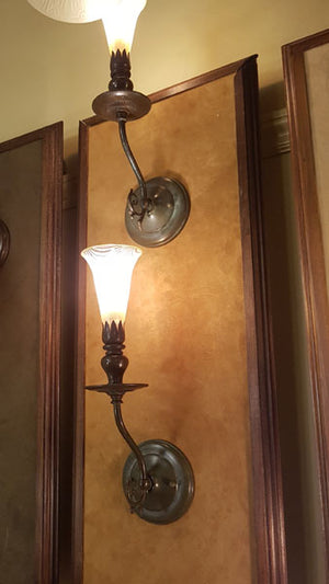 $1300 PAIR - Handcrafted Single Light, Jardin Wall Sconce with Handblown Art Glass Shade.