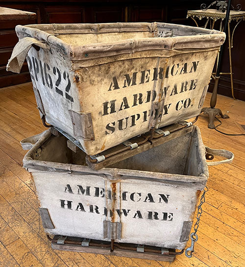 Pair of Vintage Hardware Store Industrial Bins - Canvas and Wood