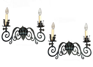 $1800 PAIR - Circa 1890 Romanesque Revival Wrought Iron and Beehive Converted Gas Wall Sconces attributed to R.Williamson of Chicago