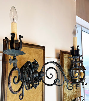 $1800 PAIR - Circa 1890 Romanesque Revival Wrought Iron and Beehive Converted Gas Wall Sconces attributed to R.Williamson of Chicago