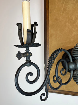 $1800 PAIR - Circa 1890 Romanesque Revival Wrought Iron and Beehive Converted Gas Wall Sconces attributed to R.Williamson of Chicago