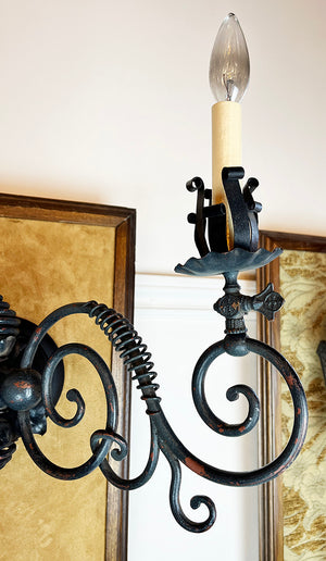 $1800 PAIR - Circa 1890 Romanesque Revival Wrought Iron and Beehive Converted Gas Wall Sconces attributed to R.Williamson of Chicago