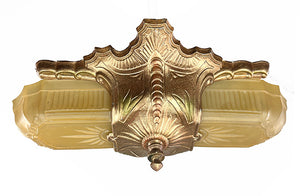 PAIR AVAILABLE - Vintage Circa 1930 Art Deco Slip Shade Flush Mount Fixtures with Suburst Motif Original Polychrome Finish