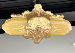 PAIR AVAILABLE - Vintage Circa 1930 Art Deco Slip Shade Flush Mount Fixtures with Suburst Motif Original Polychrome Finish