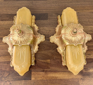 PAIR AVAILABLE - Vintage Circa 1930 Art Deco Slip Shade Flush Mount Fixtures with Suburst Motif Original Polychrome Finish